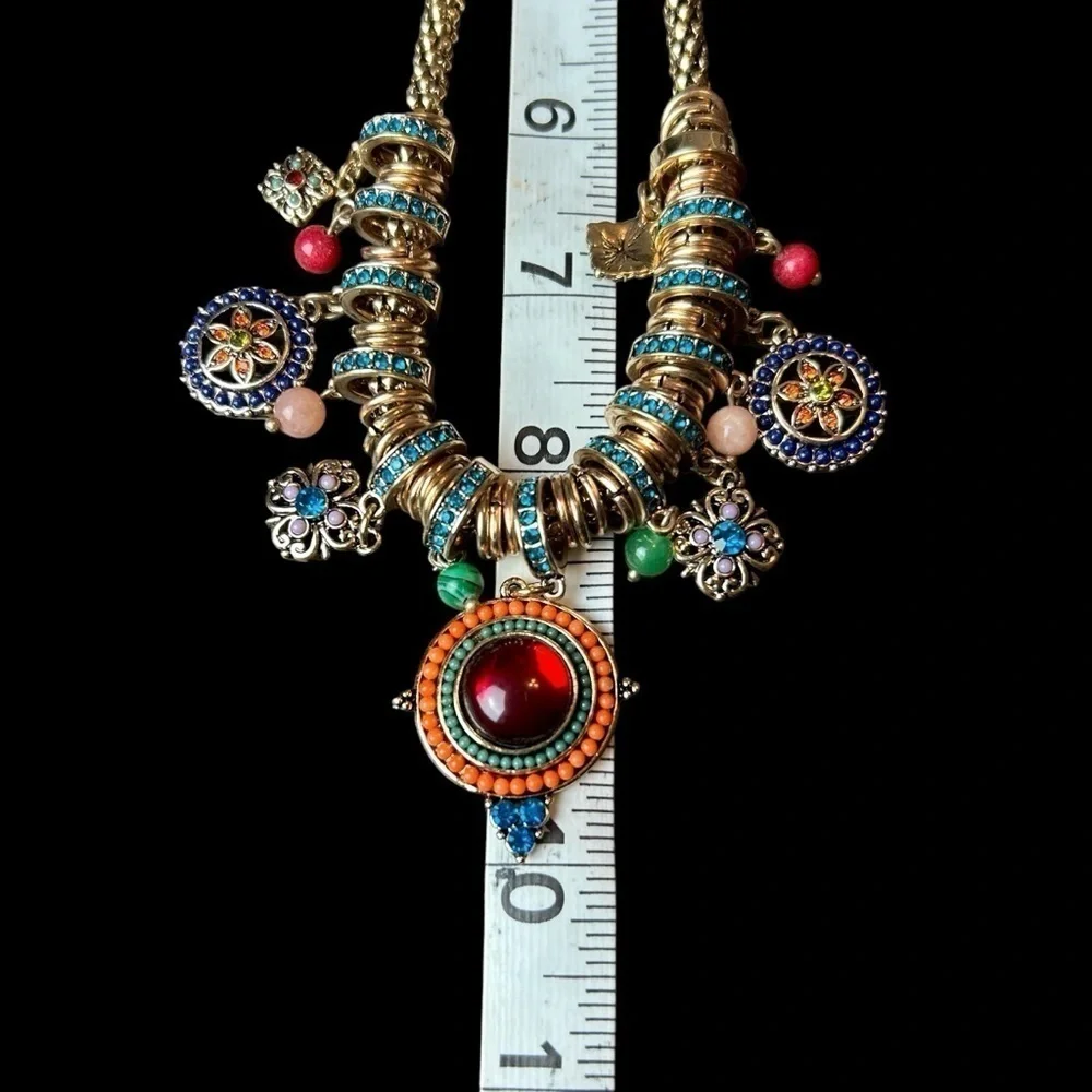 Gold Tone Necklace W/ Jewel Tone Beaded & Rhinestone Charms and Medallions - Picture 11 of 16